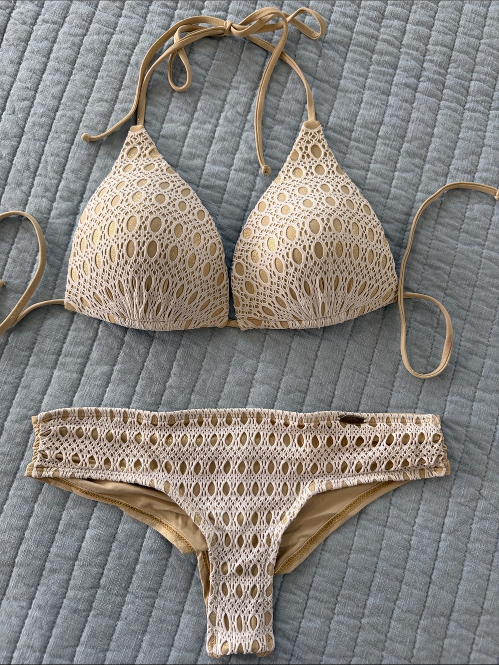 Luli Fama Beige Crochet Triangle Bikini Set